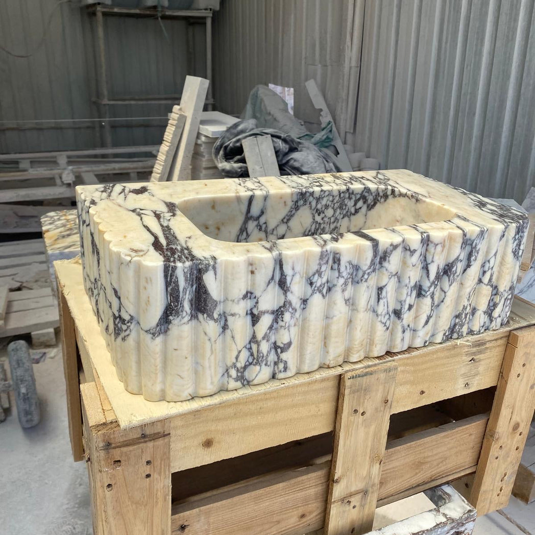 Calacatta Vein Fluted Marble Sink 24’’ – Wall Mounted Floating Vanity – Luxury Bathroom Sink Handmade