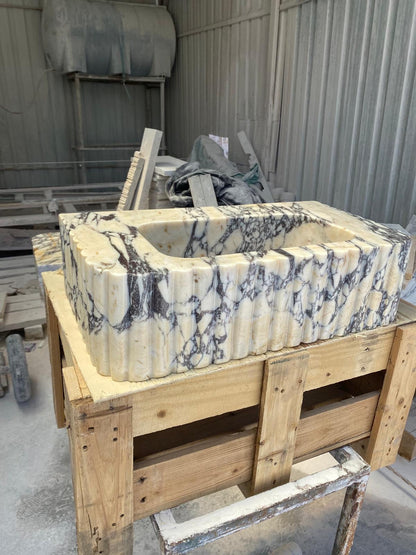 Calacatta Vein Fluted Marble Sink 24’’ – Wall Mounted Floating Vanity – Luxury Bathroom Sink Handmade