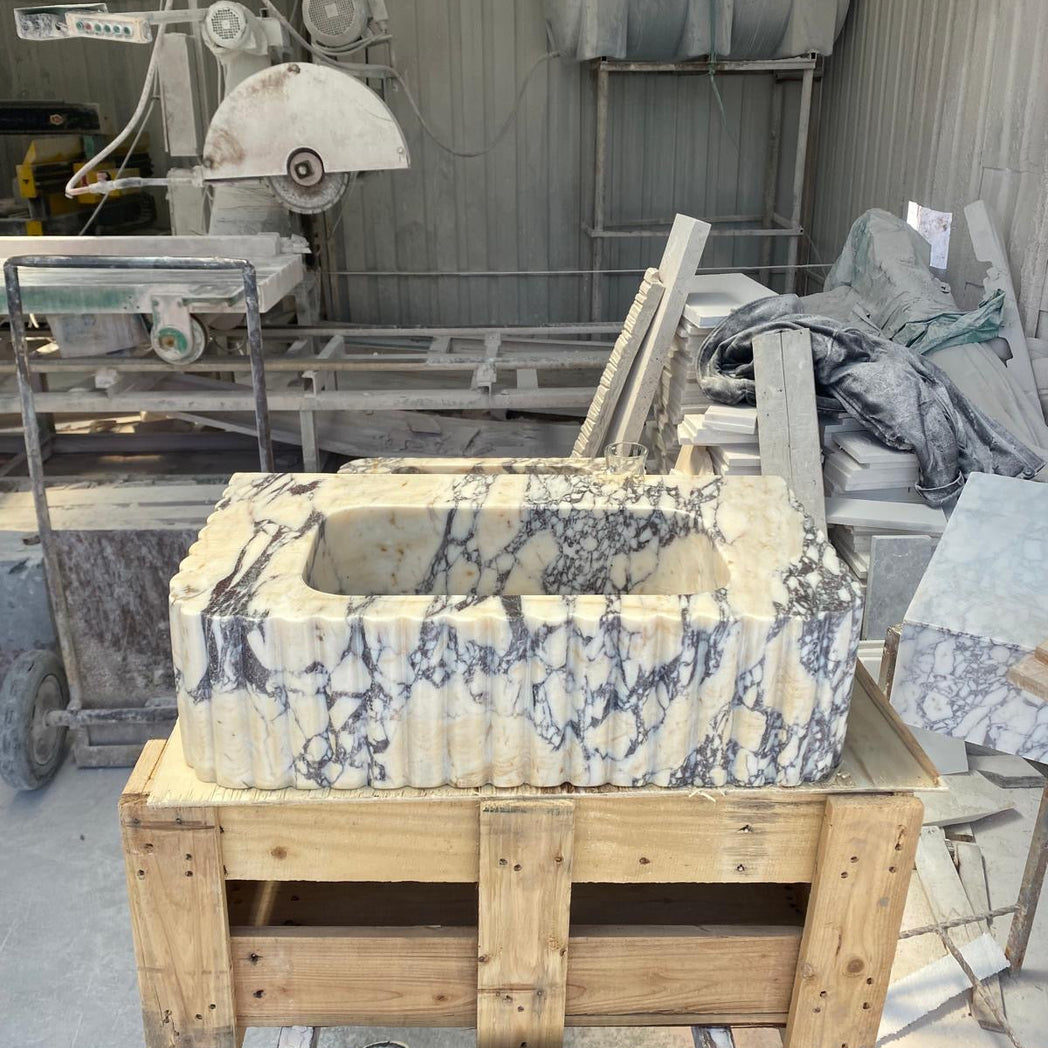 Calacatta Vein Fluted Marble Sink 24’’ – Wall Mounted Floating Vanity – Luxury Bathroom Sink Handmade