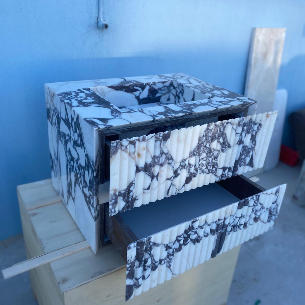 Calacatta Viola Floating Marble Vanity with Drawer – Fluted Front Wall Mounted Sink – Luxury Bathroom Design