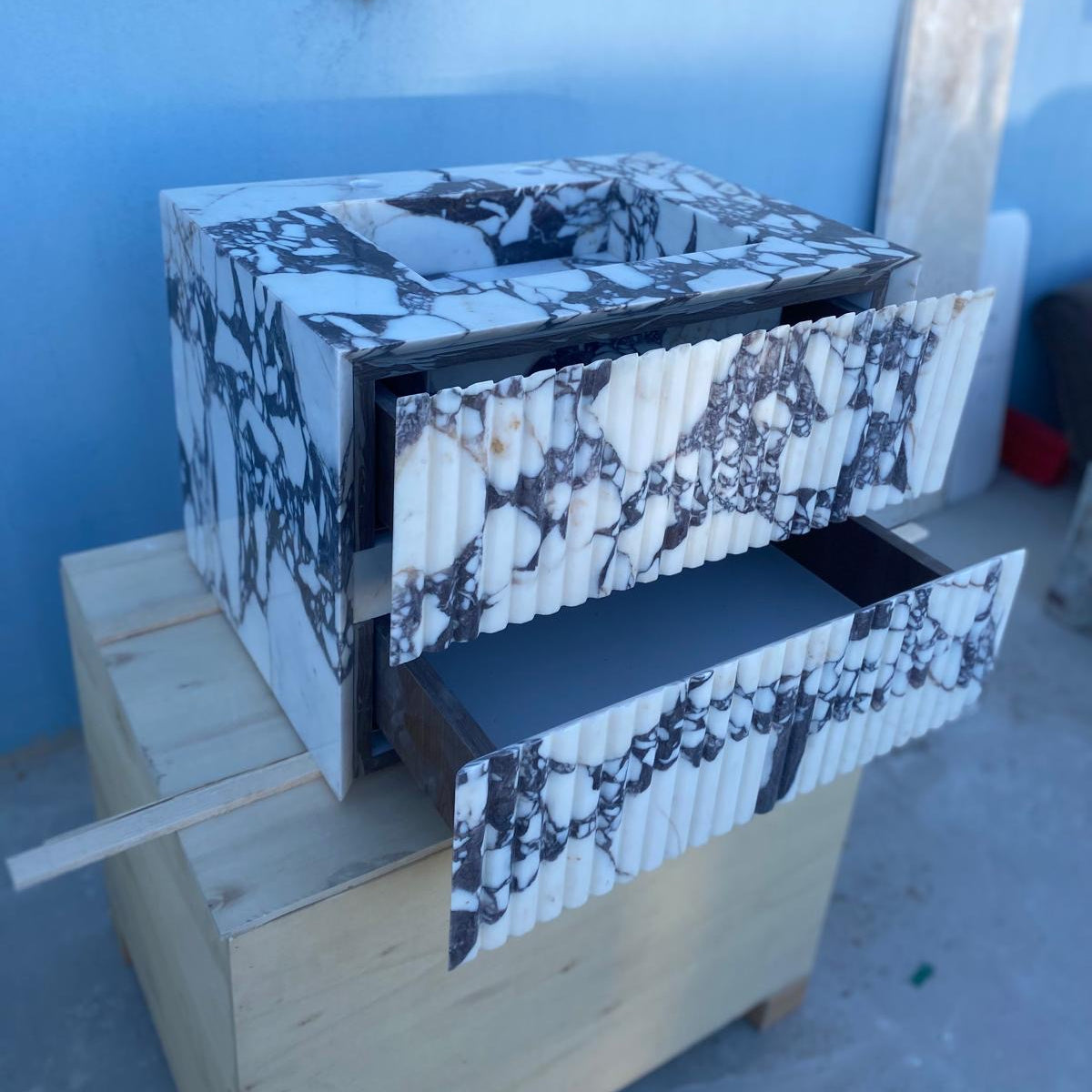 Calacatta Viola Floating Marble Vanity with Drawer – Fluted Front Wall Mounted Sink – Luxury Bathroom Design
