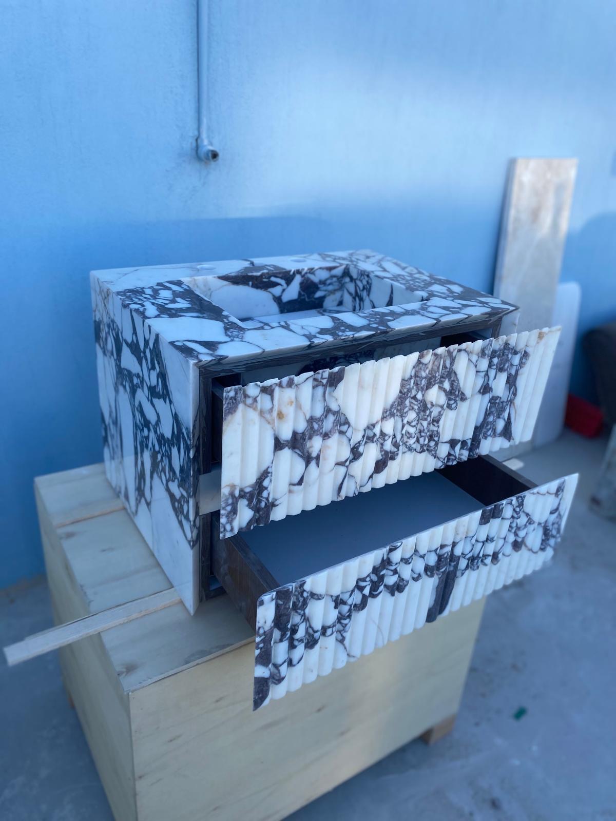 Calacatta Viola Floating Marble Vanity with Drawer – Fluted Front Wall Mounted Sink – Luxury Bathroom Design