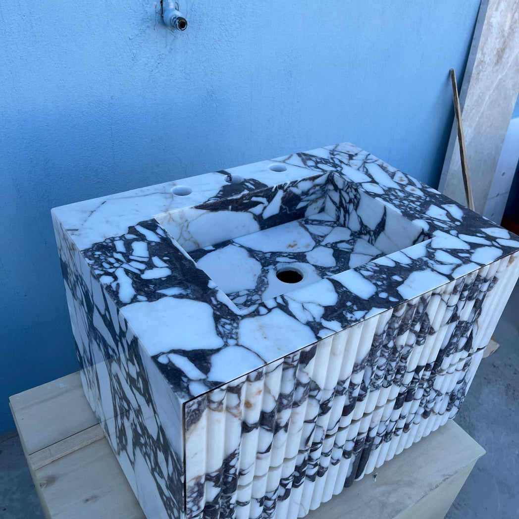 Calacatta Viola Floating Marble Vanity with Drawer – Fluted Front Wall Mounted Sink – Luxury Bathroom Design