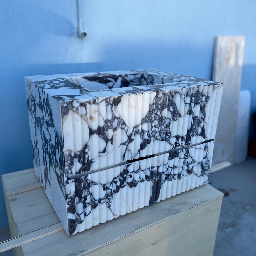 Calacatta Viola Floating Marble Vanity with Drawer – Fluted Front Wall Mounted Sink – Luxury Bathroom Design