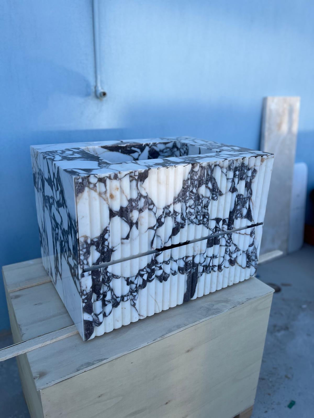 Calacatta Viola Floating Marble Vanity with Drawer – Fluted Front Wall Mounted Sink – Luxury Bathroom Design