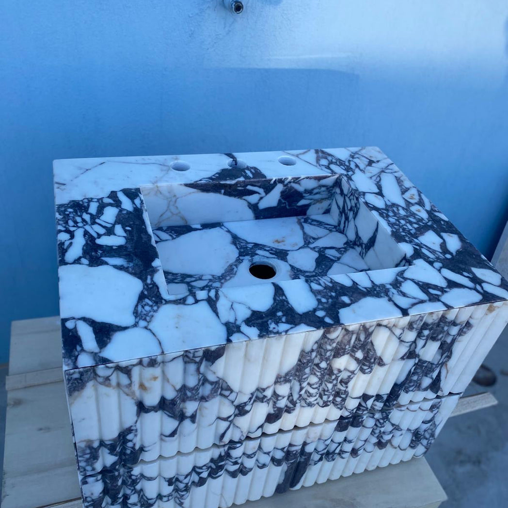 Calacatta Viola Floating Marble Vanity with Drawer – Fluted Front Wall Mounted Sink – Luxury Bathroom Design