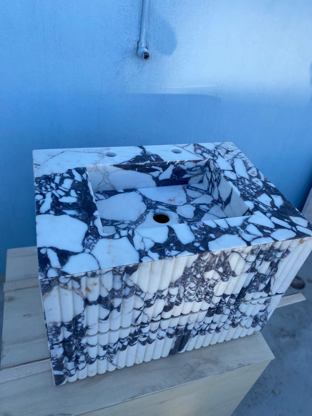 Calacatta Viola Floating Marble Vanity with Drawer – Fluted Front Wall Mounted Sink – Luxury Bathroom Design