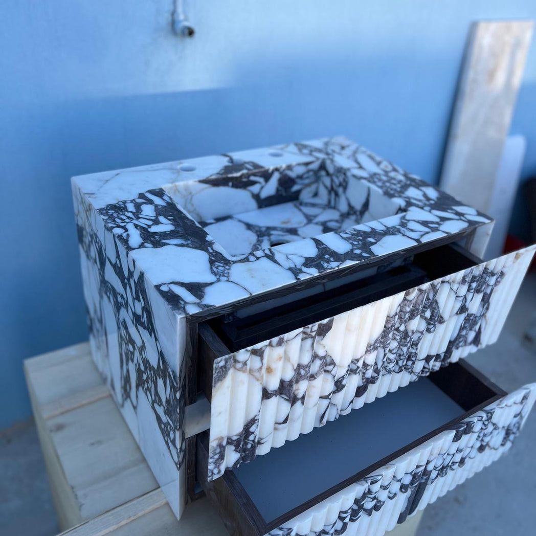 Calacatta Viola Floating Marble Vanity with Drawer – Fluted Front Wall Mounted Sink – Luxury Bathroom Design