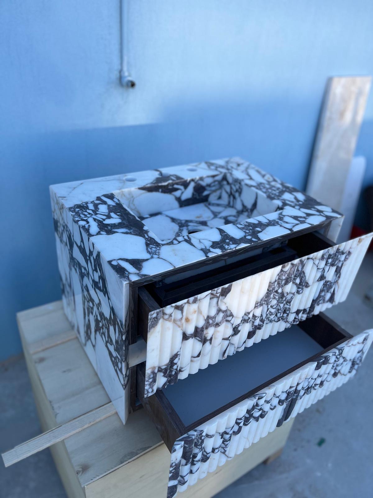 Calacatta Viola Floating Marble Vanity with Drawer – Fluted Front Wall Mounted Sink – Luxury Bathroom Design