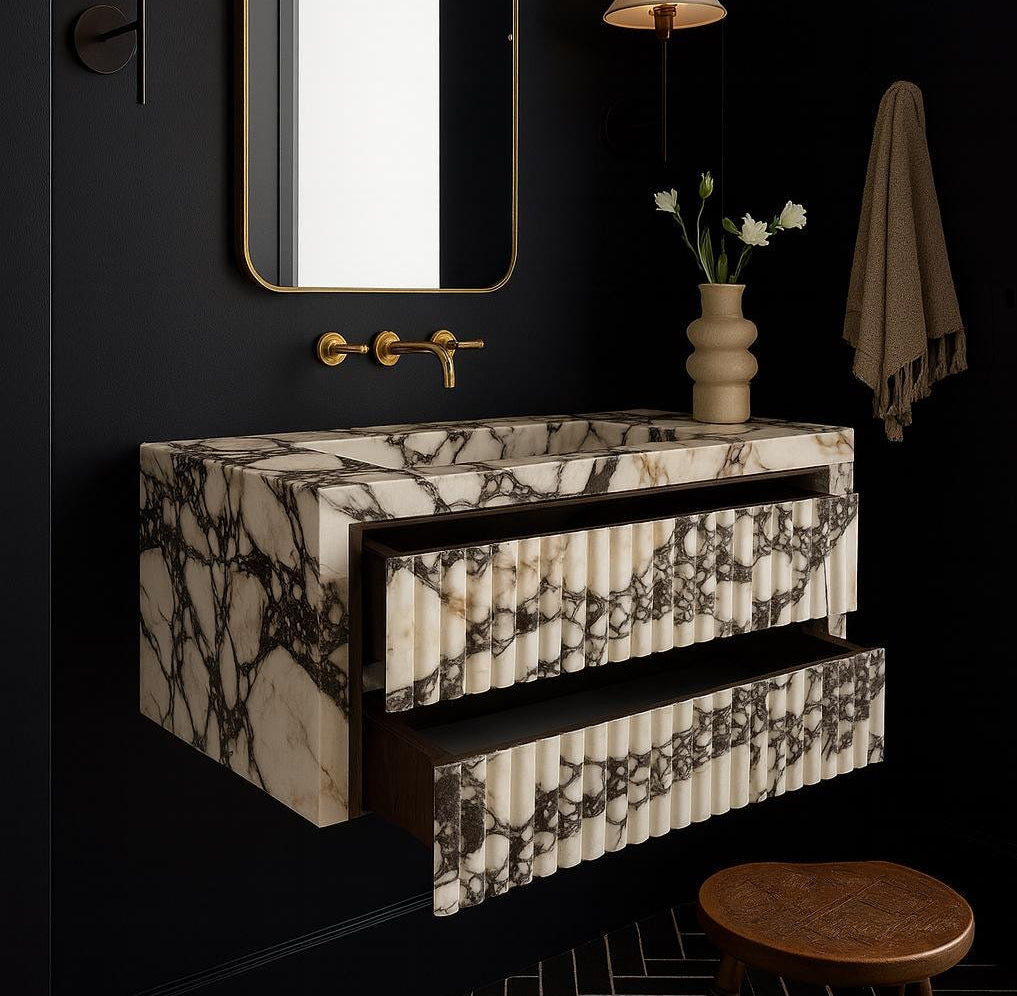 Calacatta Viola Floating Marble Vanity with Drawer – Fluted Front Wall Mounted Sink – Luxury Bathroom Design