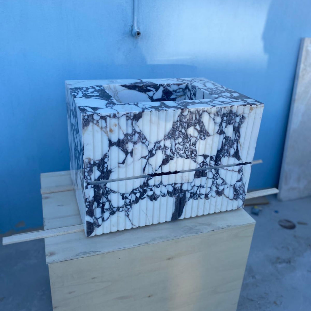 Calacatta Viola Floating Marble Vanity with Drawer – Fluted Front Wall Mounted Sink – Luxury Bathroom Design
