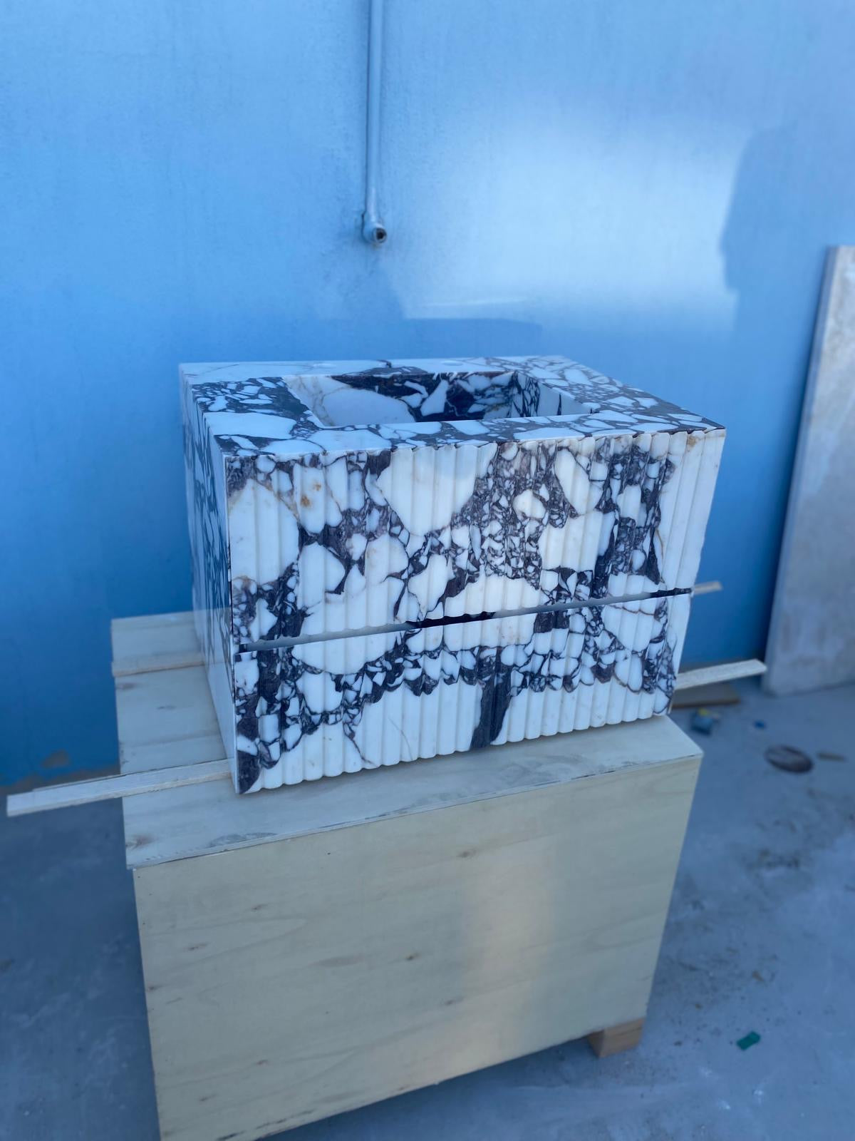 Calacatta Viola Floating Marble Vanity with Drawer – Fluted Front Wall Mounted Sink – Luxury Bathroom Design