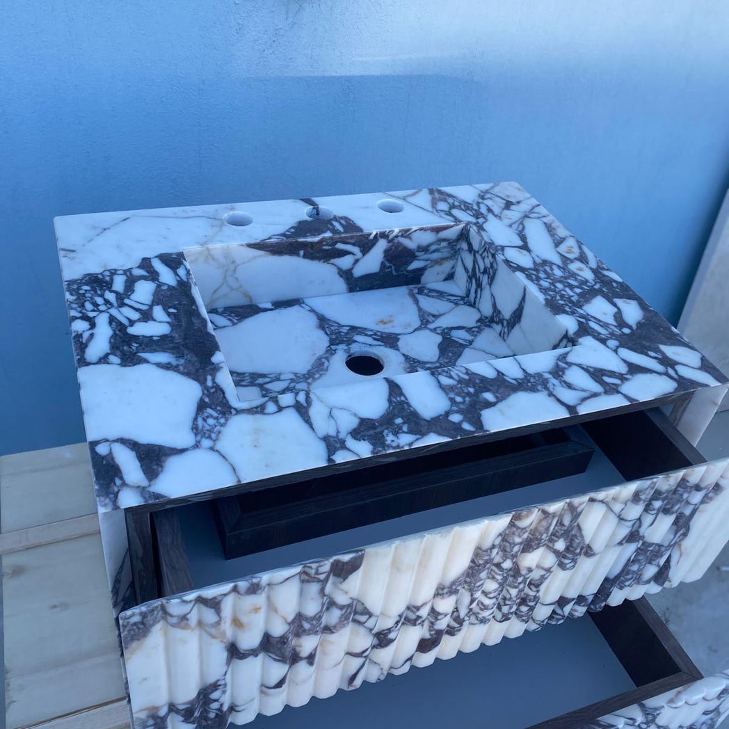 Calacatta Viola Floating Marble Vanity with Drawer – Fluted Front Wall Mounted Sink – Luxury Bathroom Design