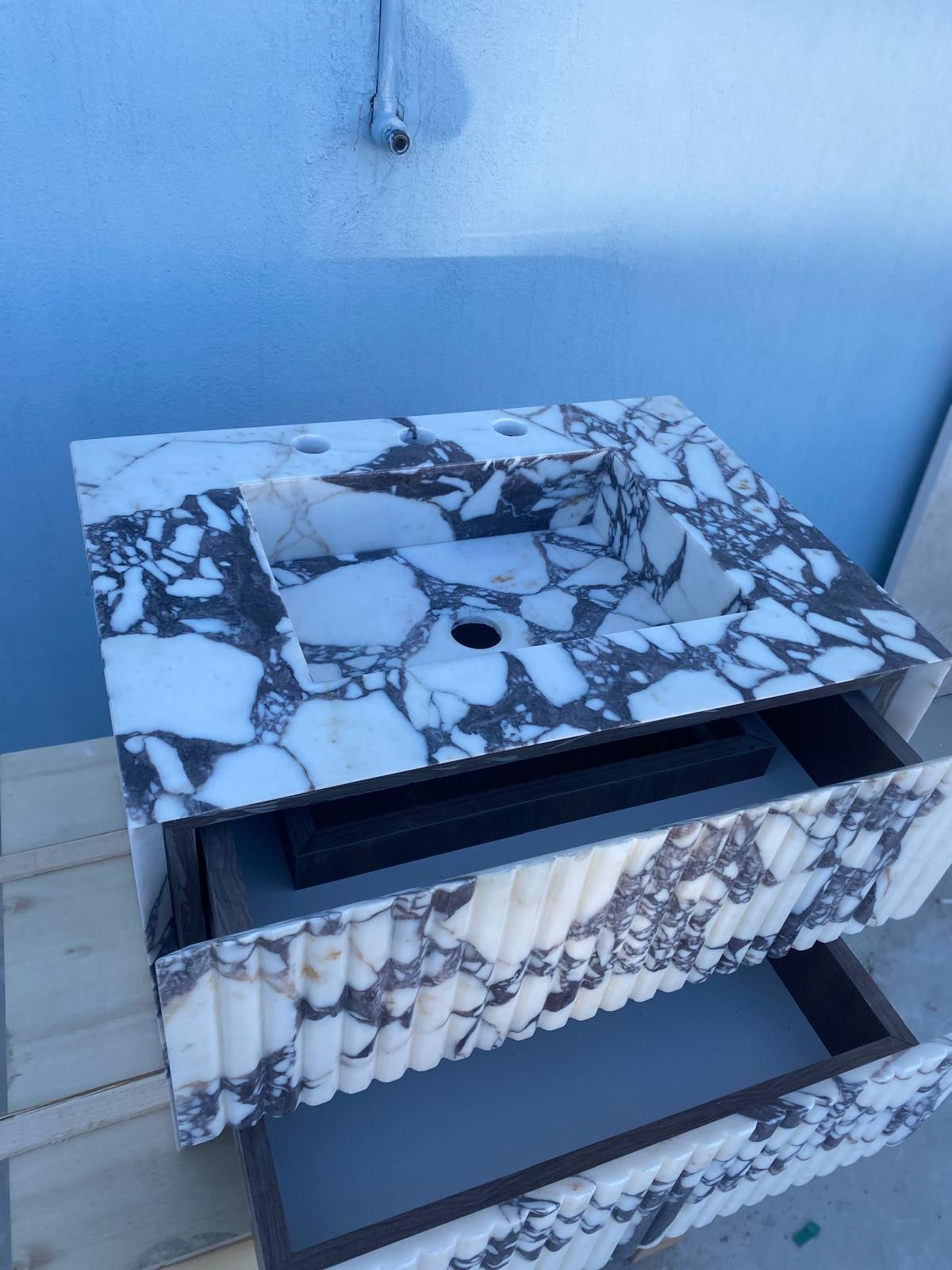 Calacatta Viola Floating Marble Vanity with Drawer – Fluted Front Wall Mounted Sink – Luxury Bathroom Design