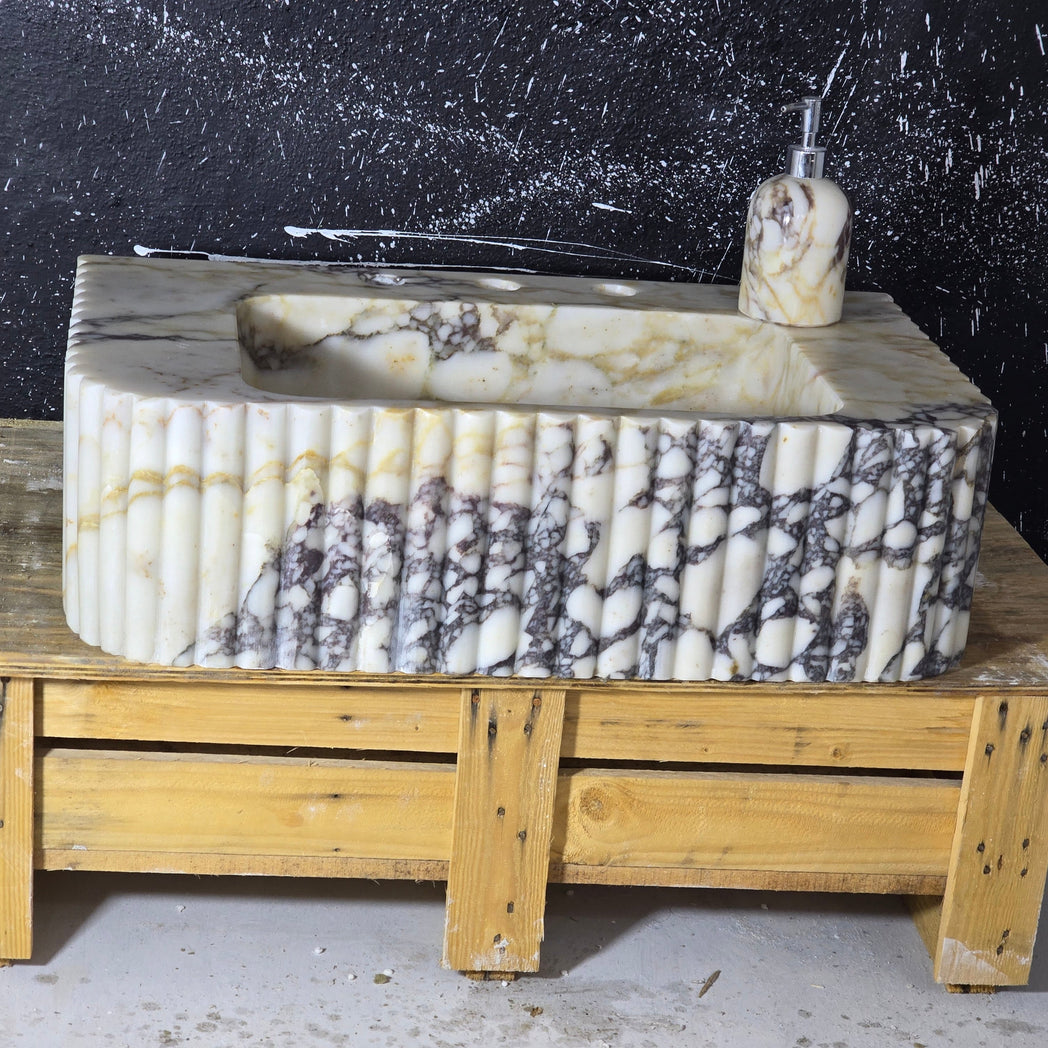 Calacatta Viola Fluted Marble Sink 24’’ – Wall Mounted Floating Vanity – Luxury Bathroom Sink Handmade