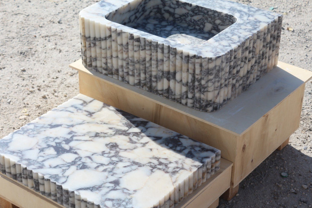 Calacatta Viola Fluted Marble Sink 24’’ – Wall Mounted Floating Vanity – Luxury Bathroom Sink Handmade