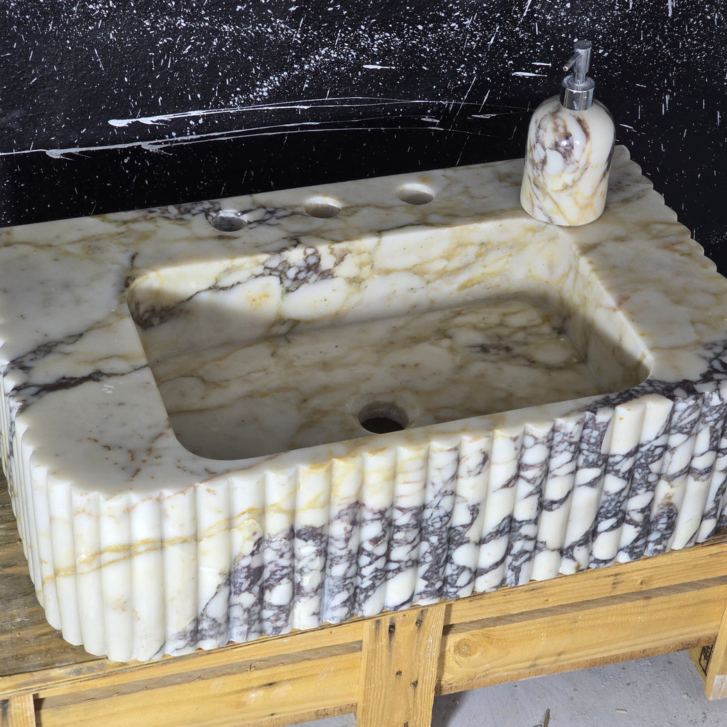 Calacatta Viola Fluted Marble Sink 24’’ – Wall Mounted Floating Vanity – Luxury Bathroom Sink Handmade