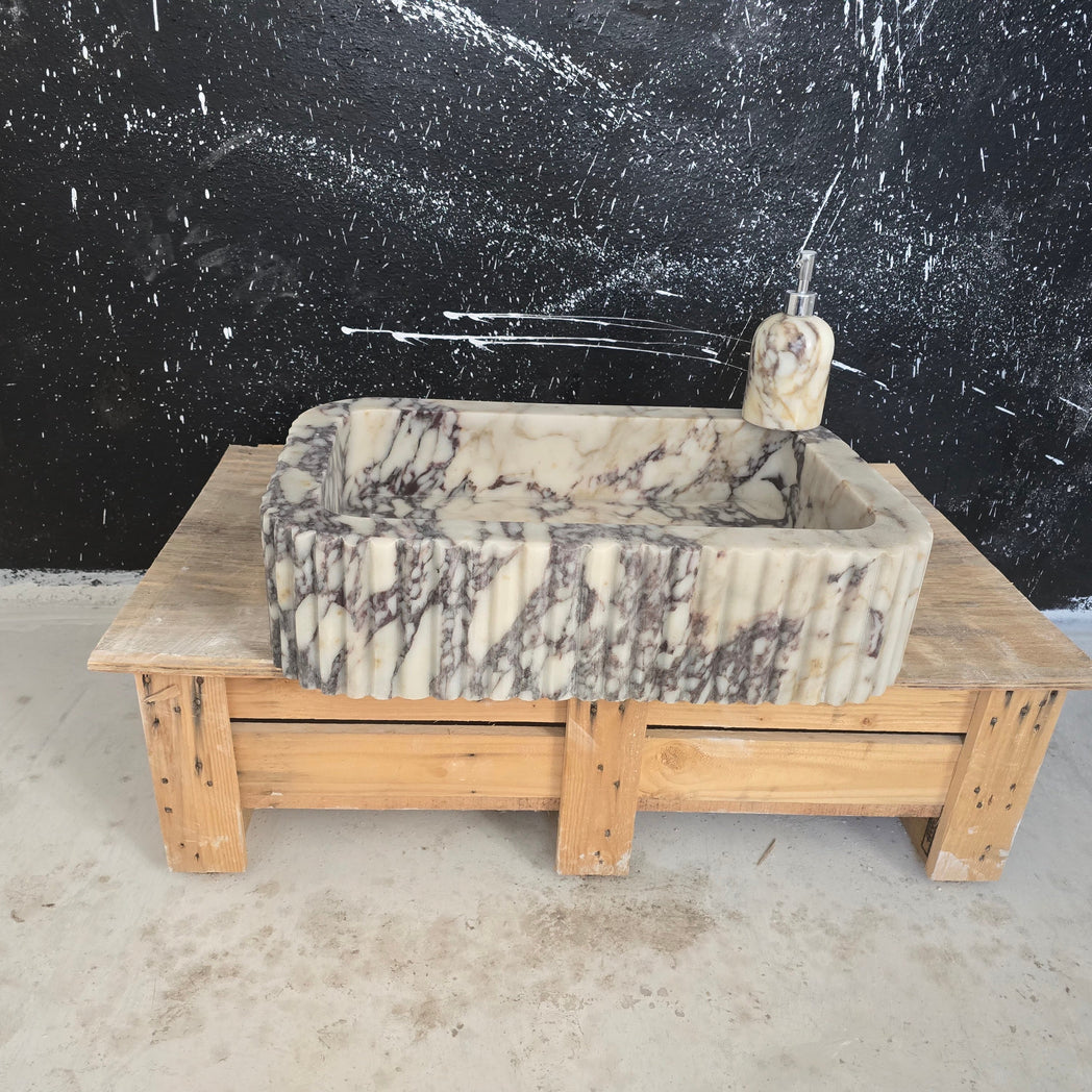 Calacatta Viola Fluted Vessel Marble Sink 24’’ – Wall Mounted Floating Vanity – Luxury Bathroom Sink Handmade