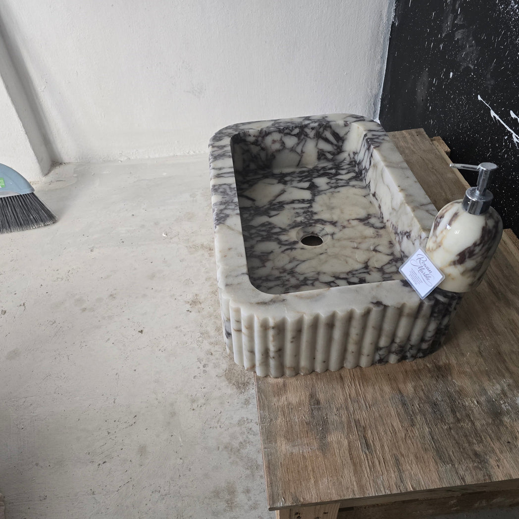 Calacatta Viola Fluted Vessel Marble Sink 24’’ – Wall Mounted Floating Vanity – Luxury Bathroom Sink Handmade