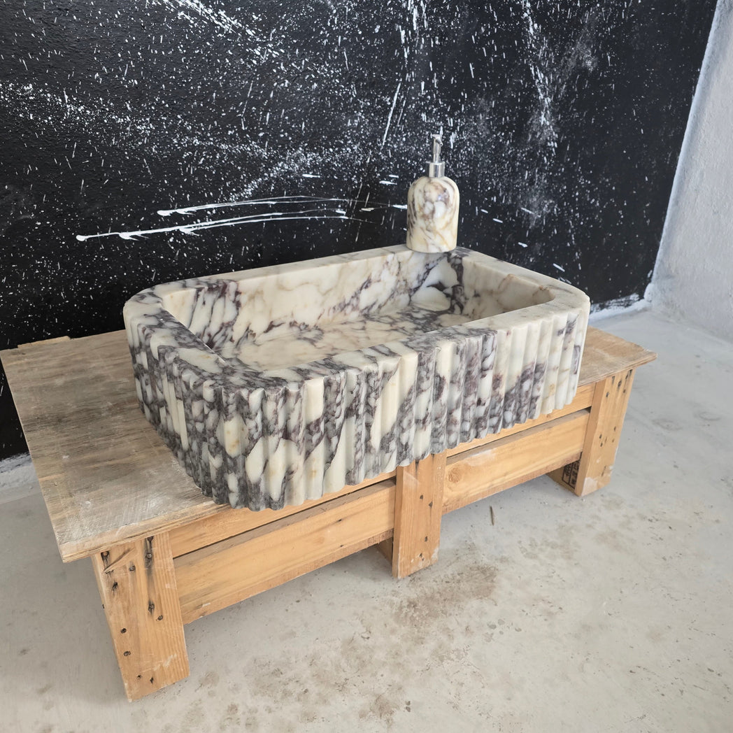Calacatta Viola Fluted Vessel Marble Sink 24’’ – Wall Mounted Floating Vanity – Luxury Bathroom Sink Handmade