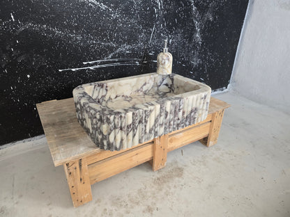 Calacatta Viola Fluted Vessel Marble Sink 24’’ – Wall Mounted Floating Vanity – Luxury Bathroom Sink Handmade