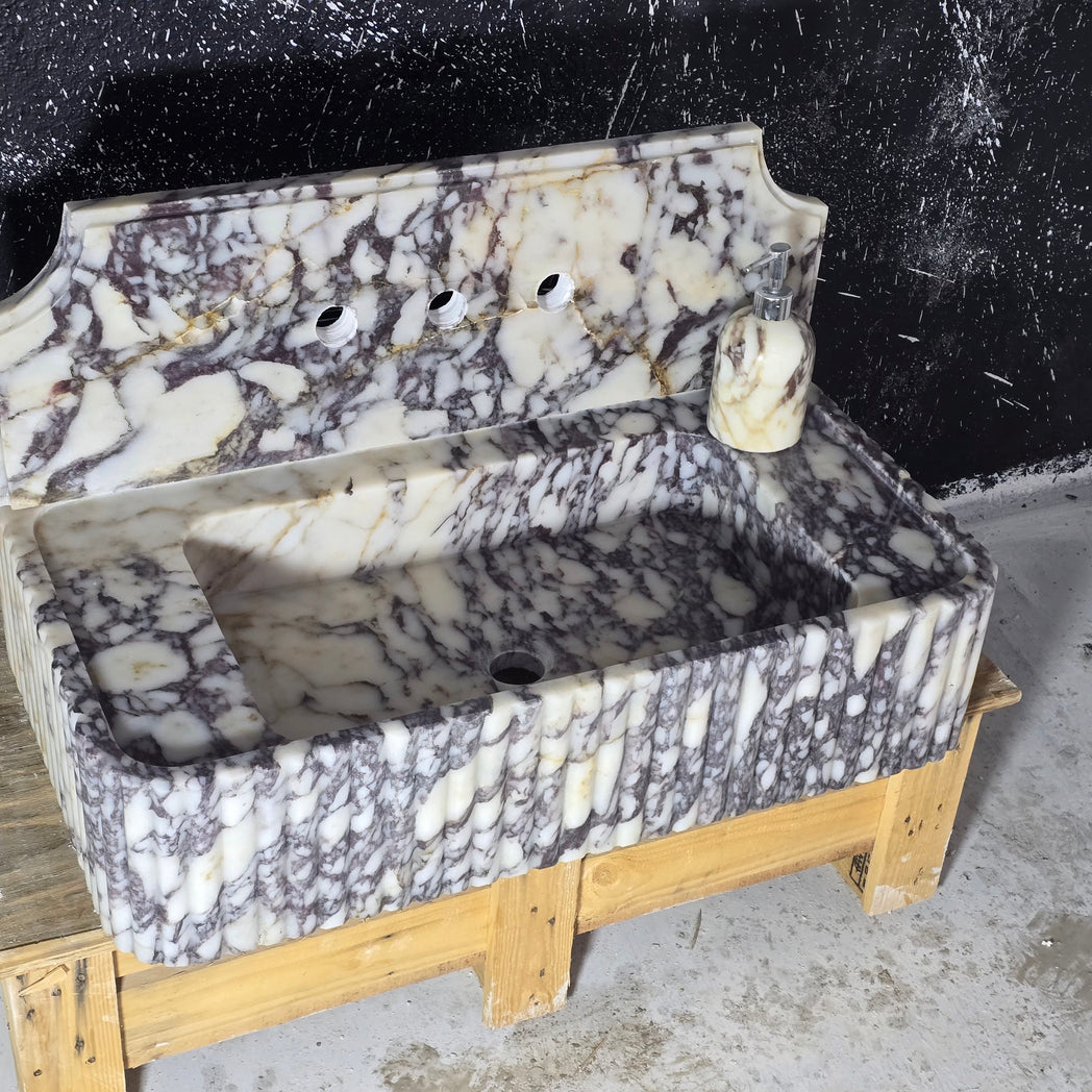 Calacatta Viola Fluted with 8’’ backsplash Marble Sink 30’’ – Wall Mounted Floating Vanity – Luxury Bathroom Sink