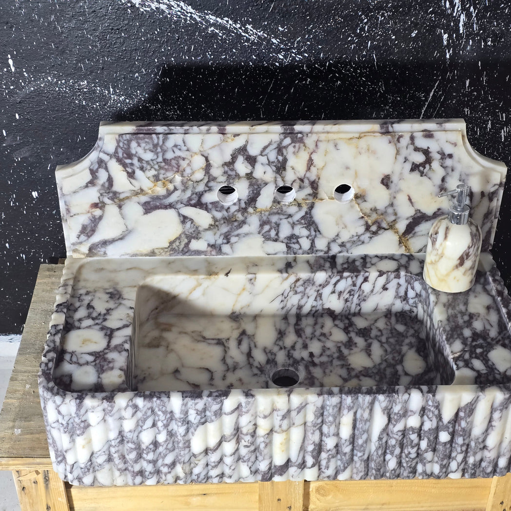 Calacatta Viola Fluted with 8’’ backsplash Marble Sink 30’’ – Wall Mounted Floating Vanity – Luxury Bathroom Sink