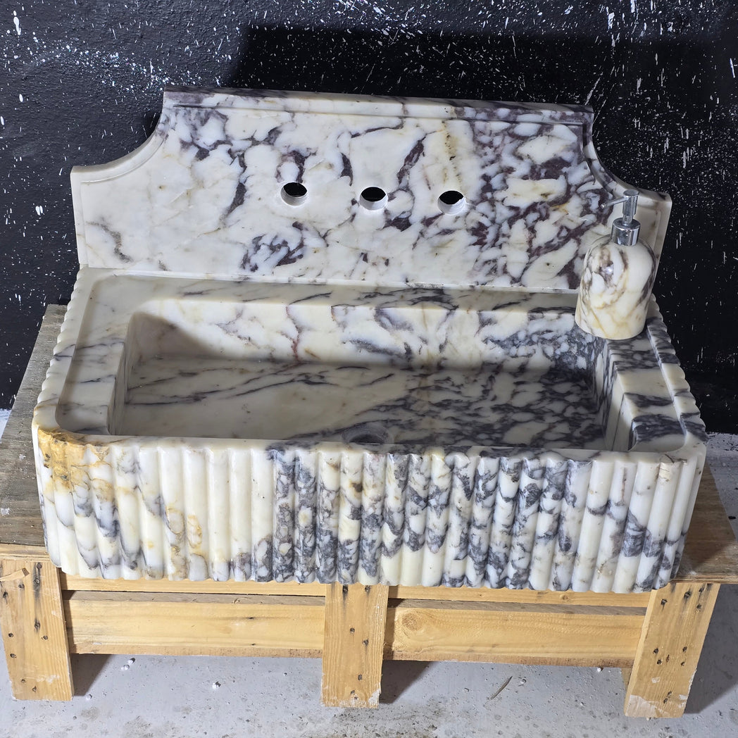 Calacatta Viola Fluted with 8’’ backsplash Marble Sink – Wall Mounted Floating Vanity – Luxury Bathroom Sink Handmade