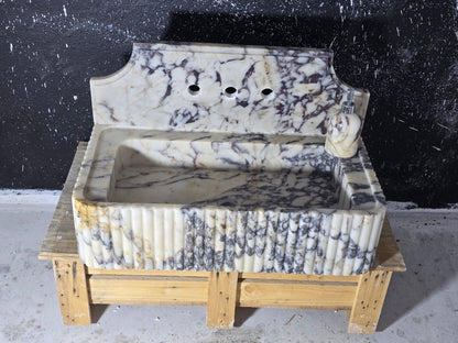 Calacatta Viola Fluted with 8’’ backsplash Marble Sink – Wall Mounted Floating Vanity – Luxury Bathroom Sink Handmade