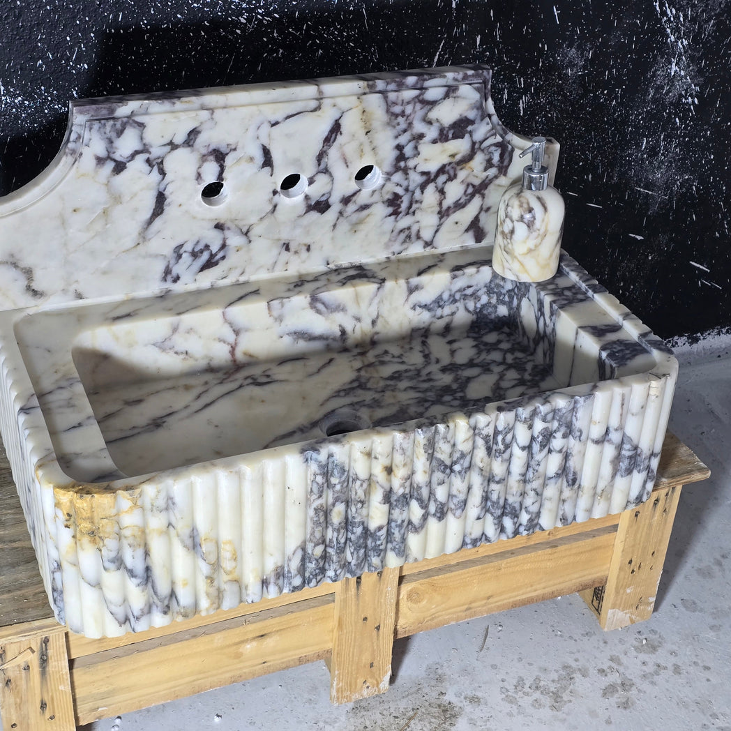 Calacatta Viola Fluted with 8’’ backsplash Marble Sink – Wall Mounted Floating Vanity – Luxury Bathroom Sink Handmade