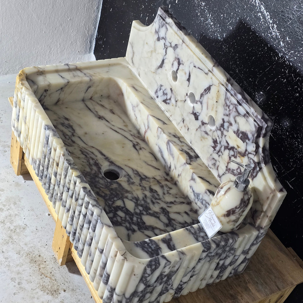 Calacatta Viola Fluted with 8’’ backsplash Marble Sink – Wall Mounted Floating Vanity – Luxury Bathroom Sink Handmade