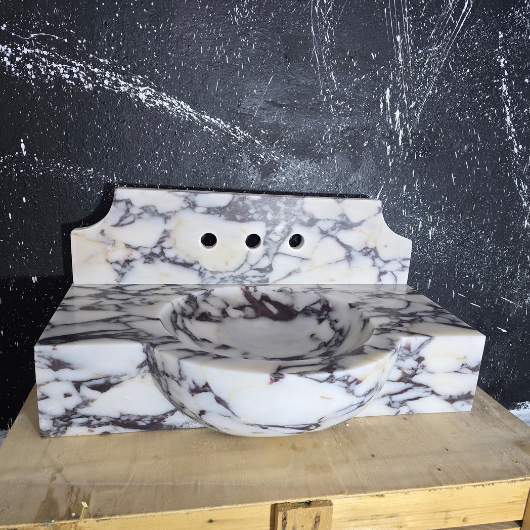 Calacatta Viola Marble Sink 30’’ – Wall Mounted Floating Vanity – Luxury Handmade Bathroom Sink with Backsplash