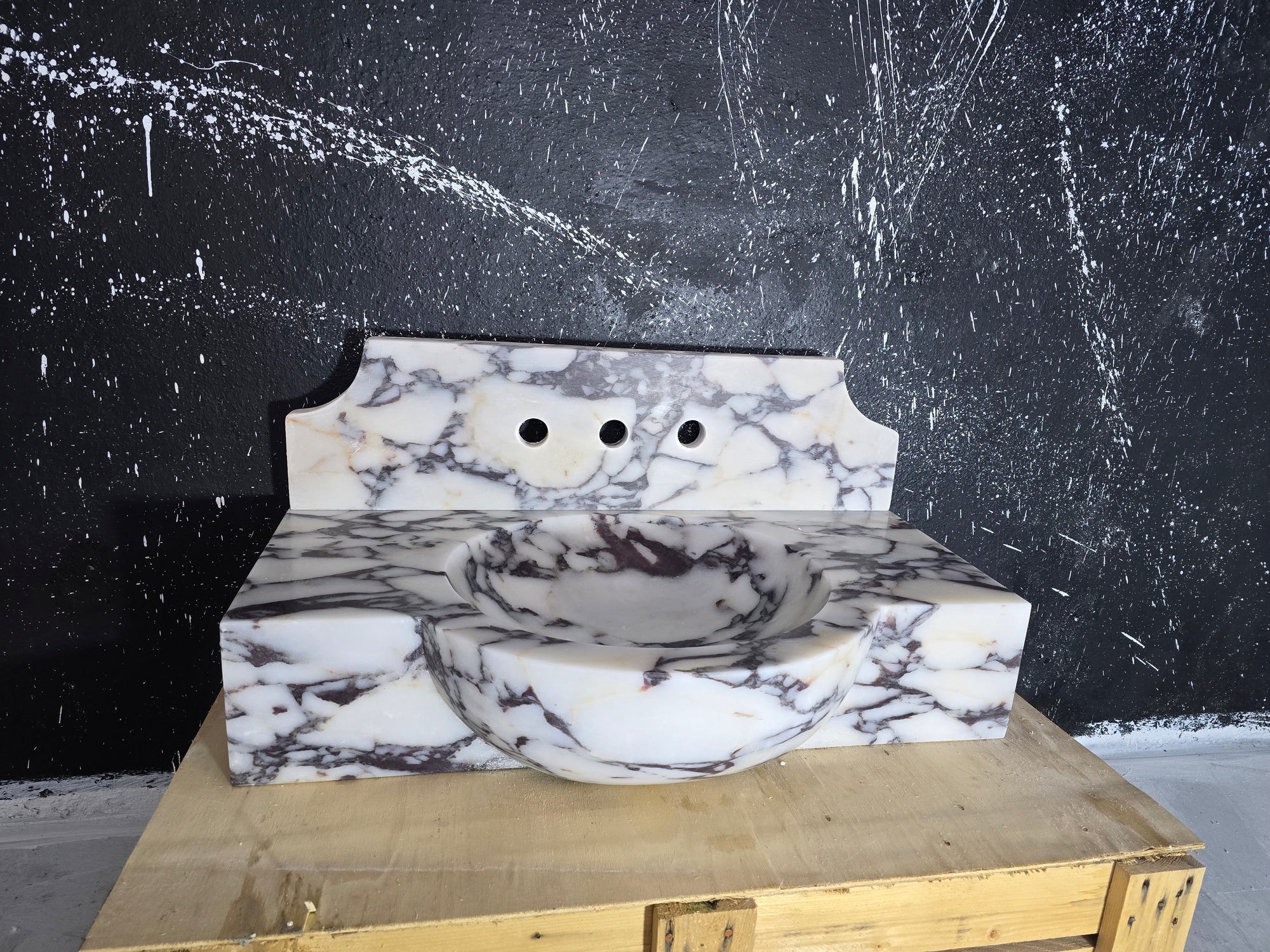 Calacatta Viola Marble Sink 30’’ – Wall Mounted Floating Vanity – Luxury Handmade Bathroom Sink with Backsplash
