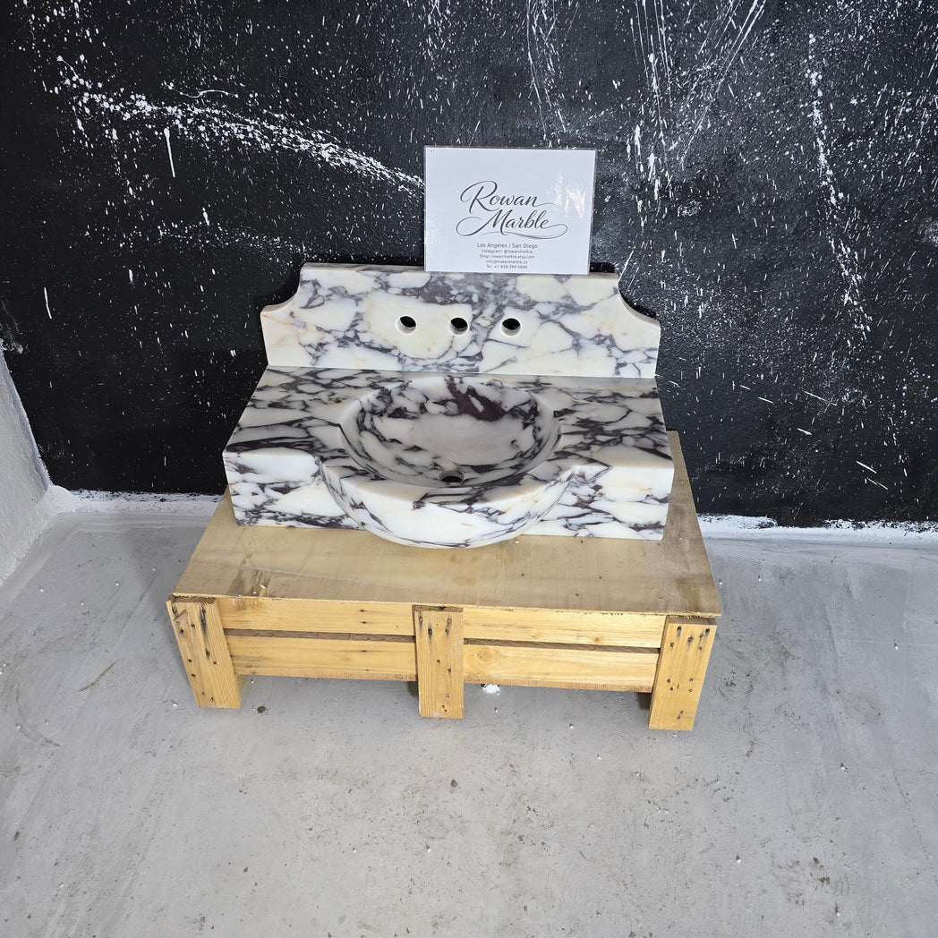 Calacatta Viola Marble Sink 30’’ – Wall Mounted Floating Vanity – Luxury Handmade Bathroom Sink with Backsplash