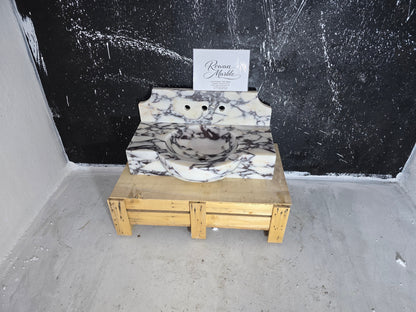 Calacatta Viola Marble Sink 30’’ – Wall Mounted Floating Vanity – Luxury Handmade Bathroom Sink with Backsplash