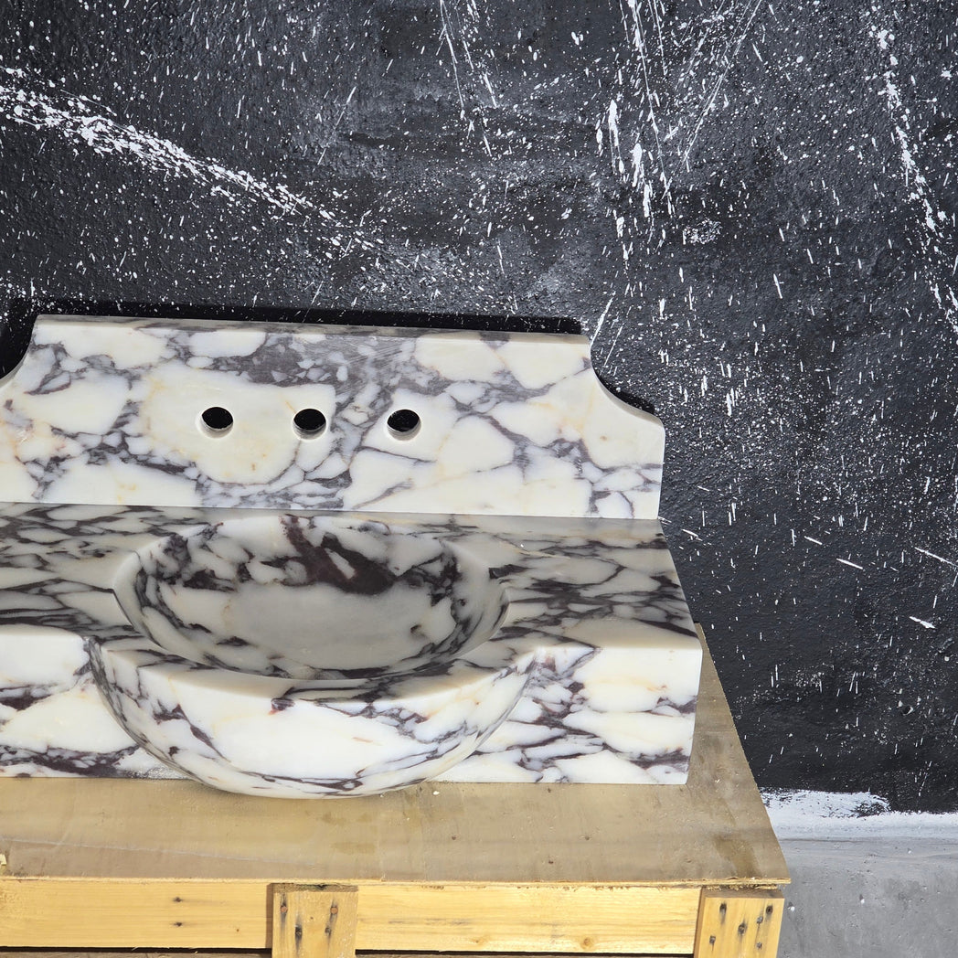 Calacatta Viola Marble Sink 30’’ – Wall Mounted Floating Vanity – Luxury Handmade Bathroom Sink with Backsplash