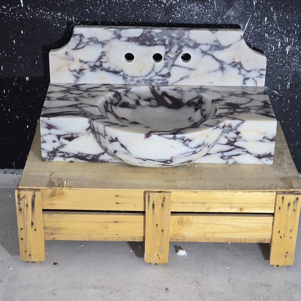 Calacatta Viola Marble Sink 30’’ – Wall Mounted Floating Vanity – Luxury Handmade Bathroom Sink with Backsplash