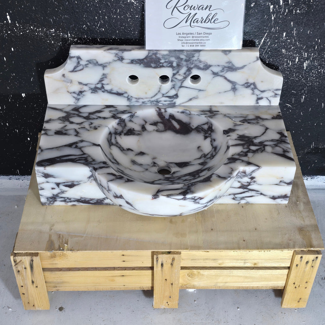 Calacatta Viola Marble Sink 30’’ – Wall Mounted Floating Vanity – Luxury Handmade Bathroom Sink with Backsplash