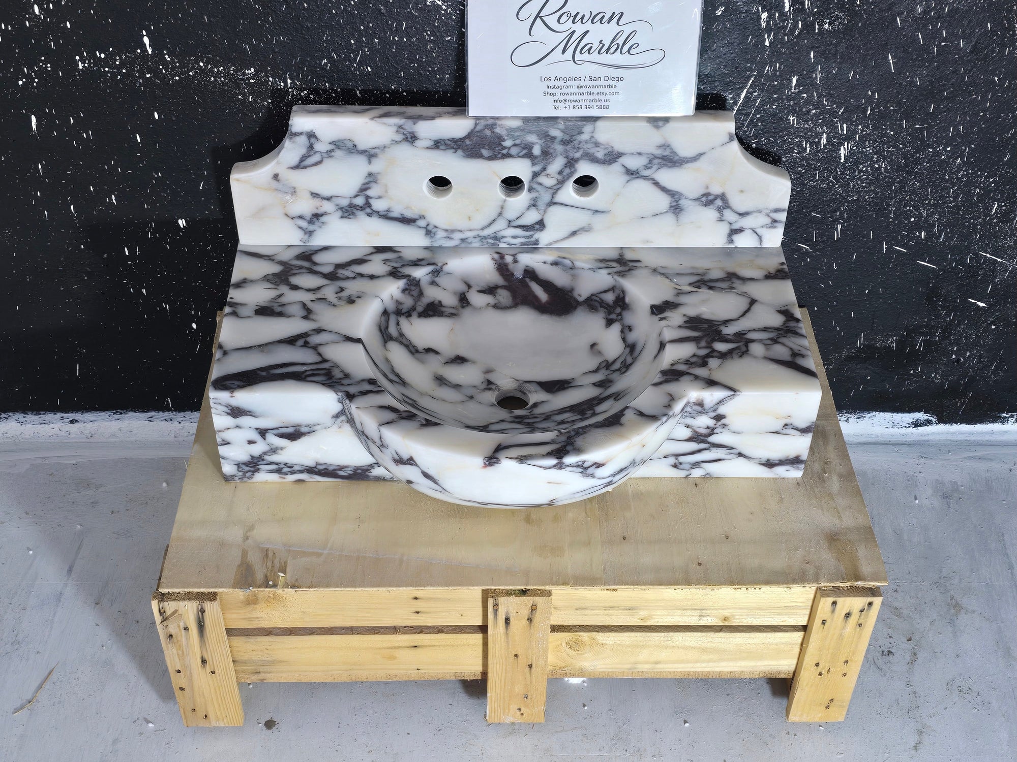 Calacatta Viola Marble Sink 30’’ – Wall Mounted Floating Vanity – Luxury Handmade Bathroom Sink with Backsplash
