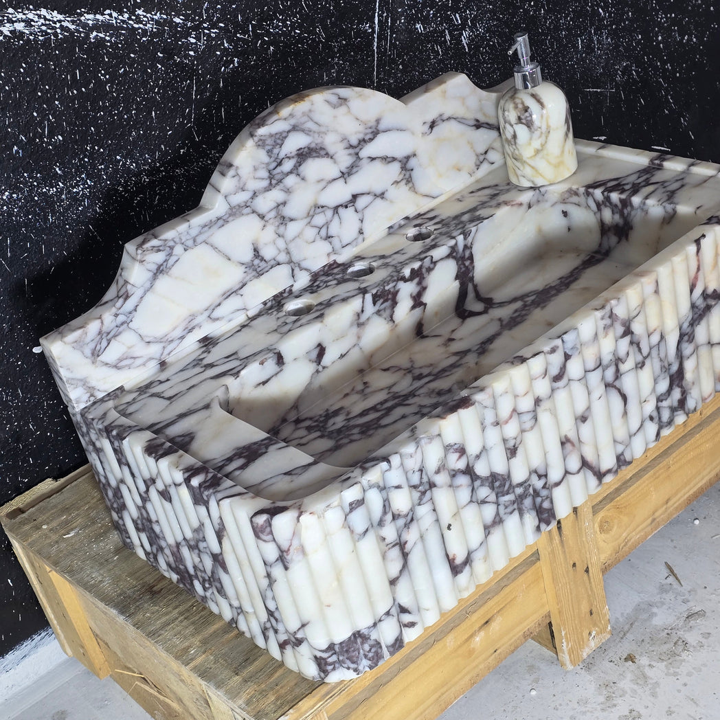 Calacatta Viola with backsplash Fluted Marble Sink 30’’ – Wall Mounted Floating Vanity – Luxury Bathroom Sink Handmade