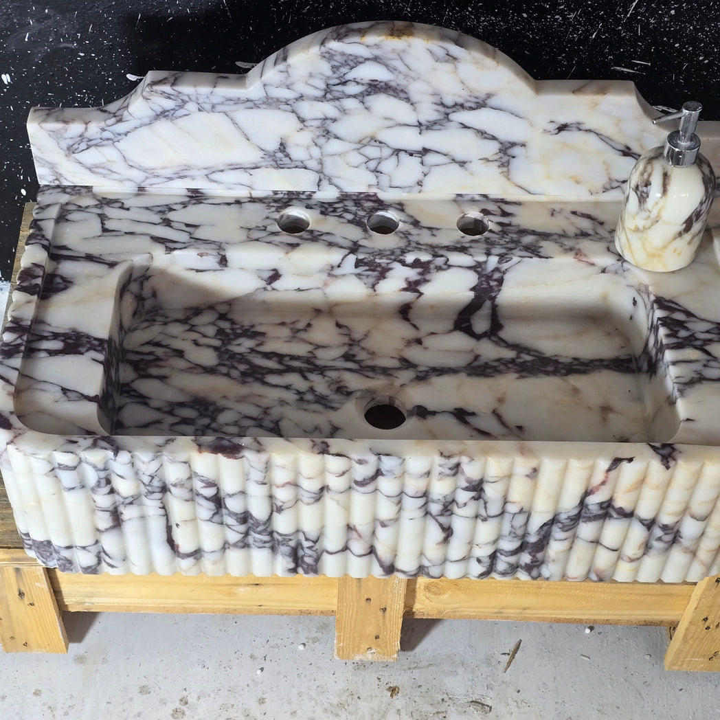 Calacatta Viola with backsplash Fluted Marble Sink 30’’ – Wall Mounted Floating Vanity – Luxury Bathroom Sink Handmade