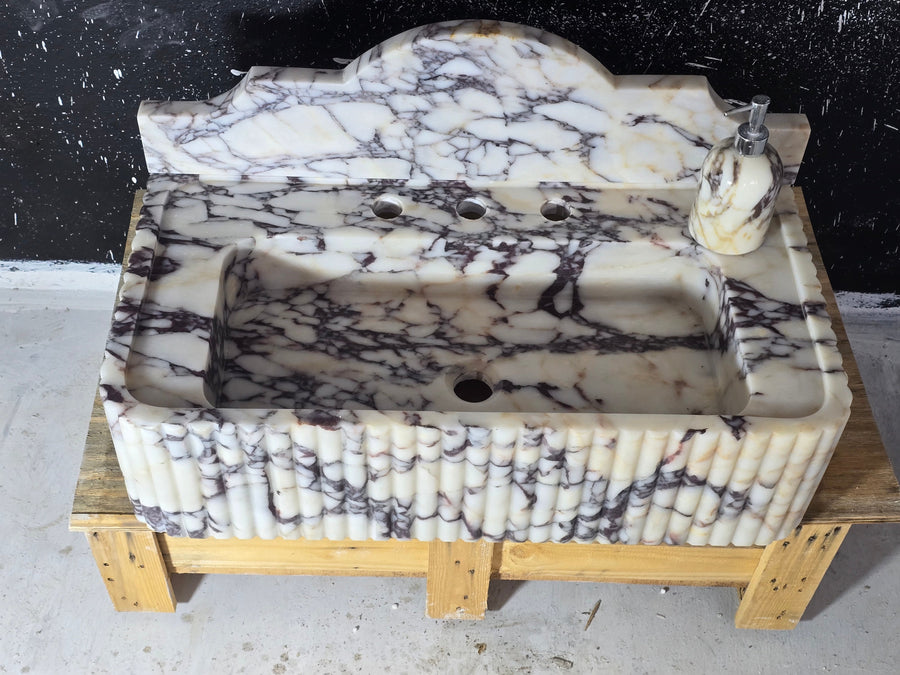Calacatta Viola with backsplash Fluted Marble Sink 30"  – Wall Mounted Floating Vanity – Luxury Bathroom Sink Handmade