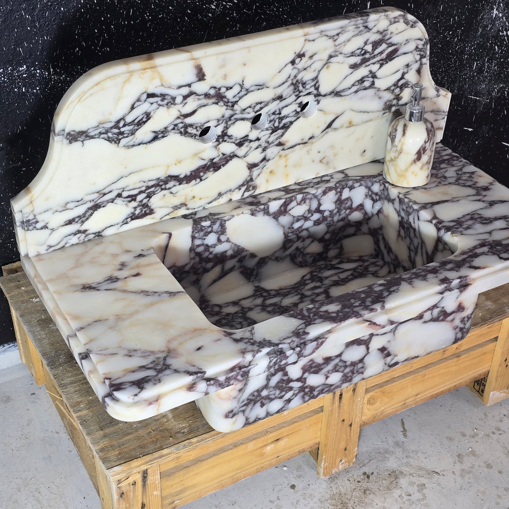Calacatta Viola with backsplash Marble Sink 30’’ – Wall Mounted Floating Vanity – Luxury Bathroom Sink Handmade