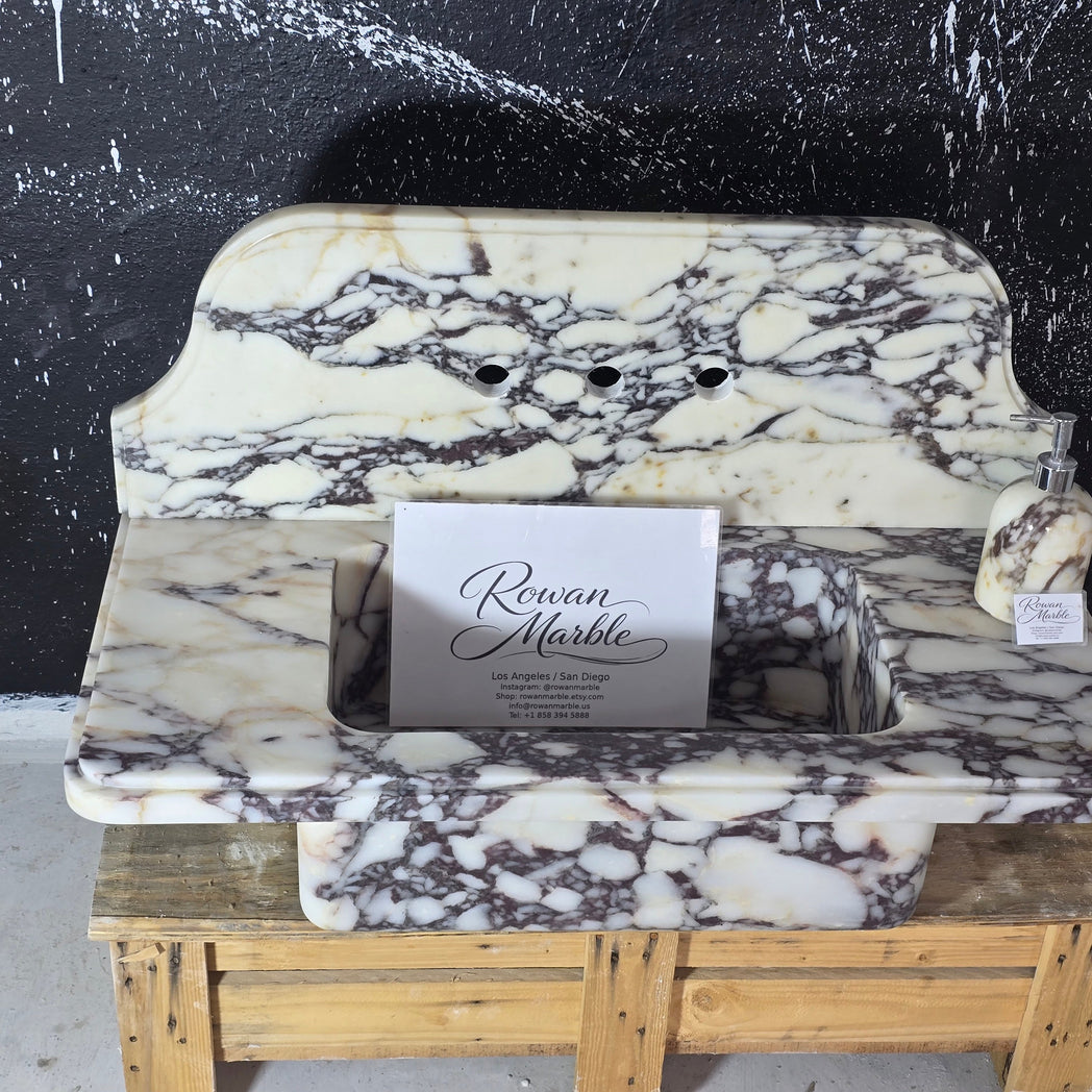 Calacatta Viola with backsplash Marble Sink 30’’ – Wall Mounted Floating Vanity – Luxury Bathroom Sink Handmade