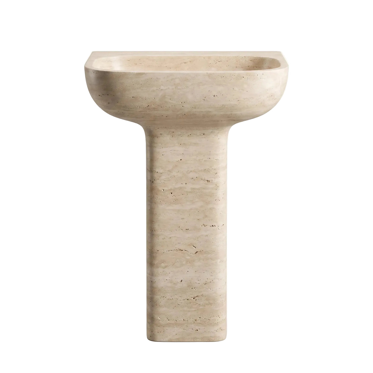 Caldris natural travertine pedestal bathroom sink with rectangular column base and sculptural rounded integrated basin