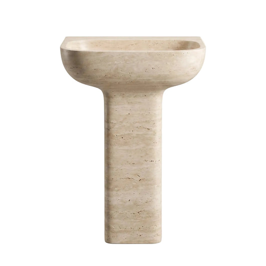 Caldris natural travertine pedestal bathroom sink with rectangular column base and sculptural rounded integrated basin