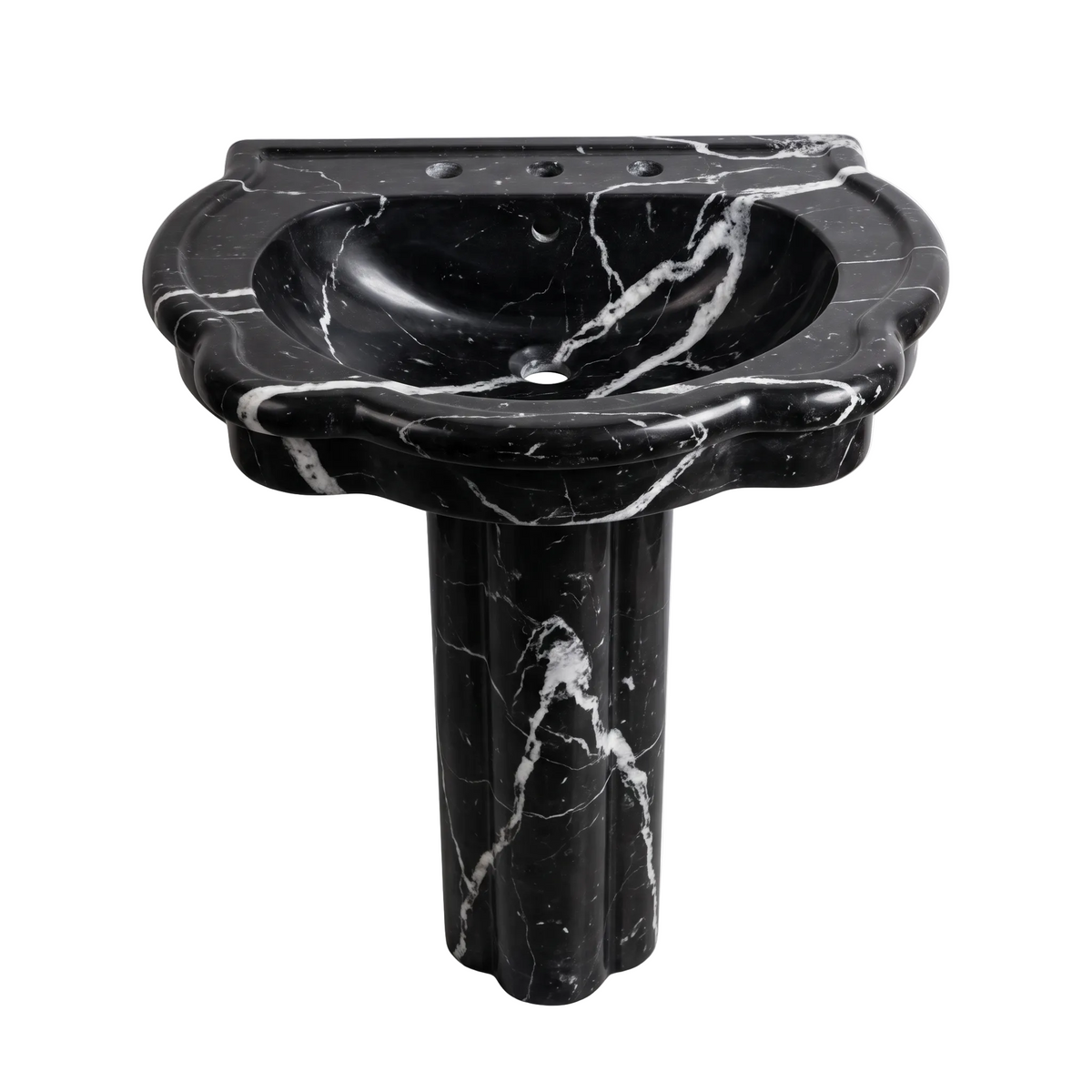 Caldwick Nero Marquina marble pedestal bathroom sink with sculpted scalloped basin, fluted column and bold white veining