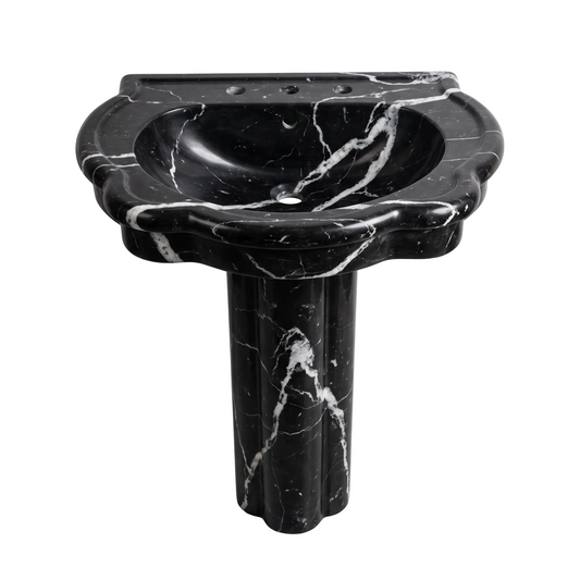 Caldwick Nero Marquina marble pedestal bathroom sink with sculpted scalloped basin, fluted column and bold white veining