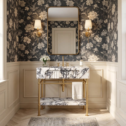 Calista 30 inch Calacatta Viola marble bathroom vanity with sink and solid brass console legs in a luxury bathroom