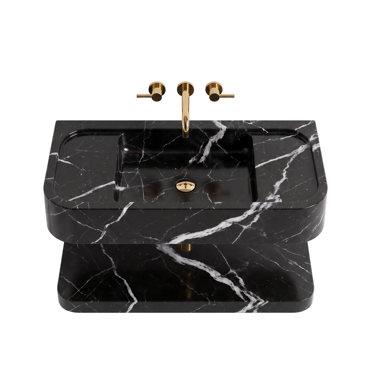 Camogli 30 inch Nero Marquina floating marble bathroom sink with lower marble shelf